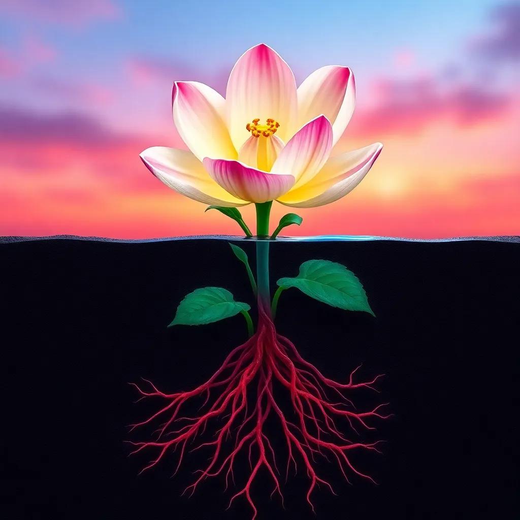 A beautiful flower blooming above ground with visible roots below, demonstrating the relationship between growth above and below surface, vibrant colors