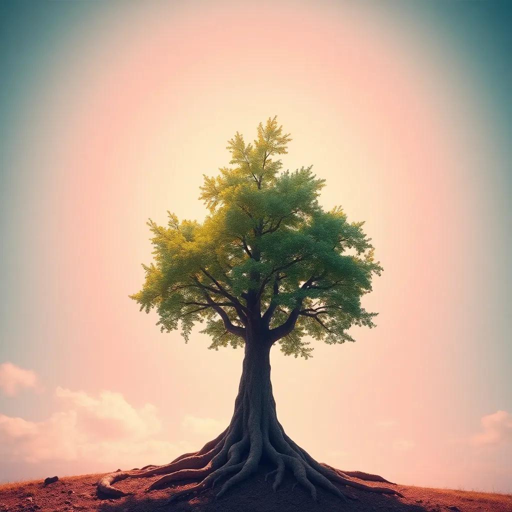 An inspiring view of a strong tree standing tall in a clear sky with a focus on its hidden roots, showing strength and stability, vibrant and uplifting
