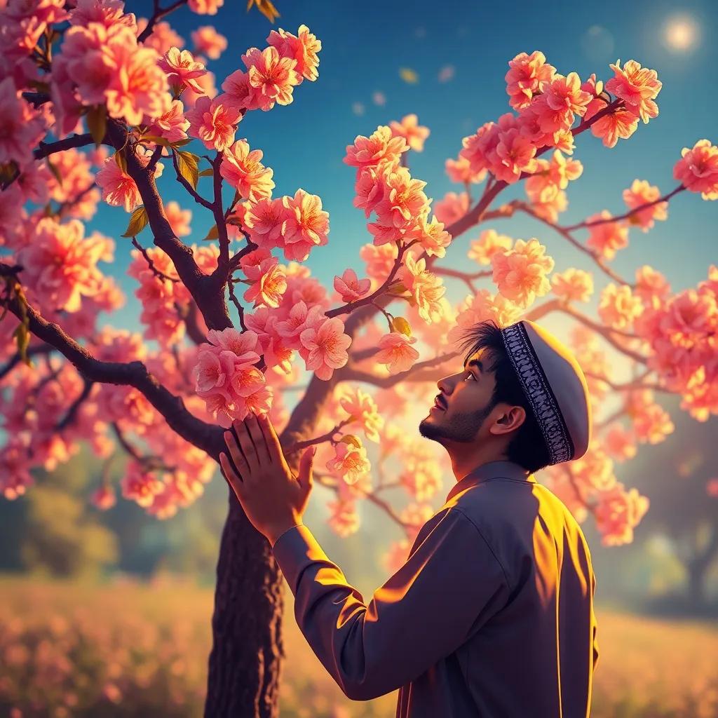 Mohammed admiring a tree and its flowers, expressing wonder and appreciation for nature, bright and vivid colors, warm atmosphere