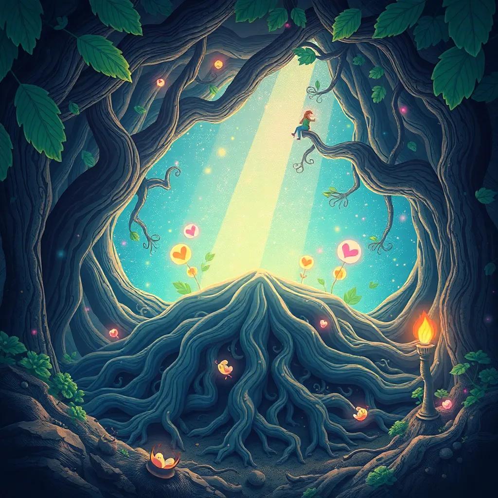 A magical scene where roots are depicted in a whimsical way, spreading joy and life underground, cheerful style, artistic detail