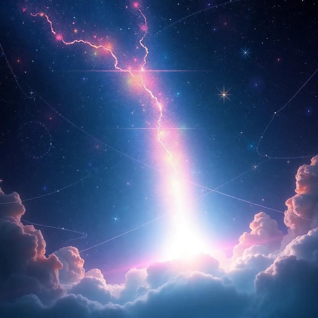 A cosmic scene with stars and light, symbolizing the divine creation of life, whimsical interpretation, dreamlike quality