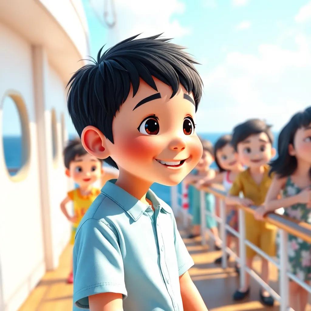 A young boy, يوسف, with short black hair wearing a light blue shirt, standing on the deck of a large ship, smiling and looking at his friends, bright sunny ocean background, cheerful atmosphere, digital art, vivid colors, inviting scene, high quality