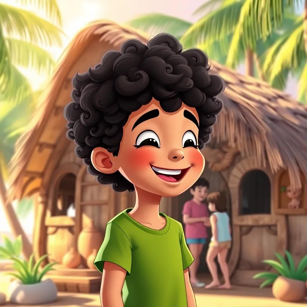 A young boy, علي, with curly dark hair wearing a green t-shirt, standing next to a house made of coconuts, laughing with friends, tropical scenery with palm trees, warm sunlight, illustration, friendly and welcoming vibe, colorful