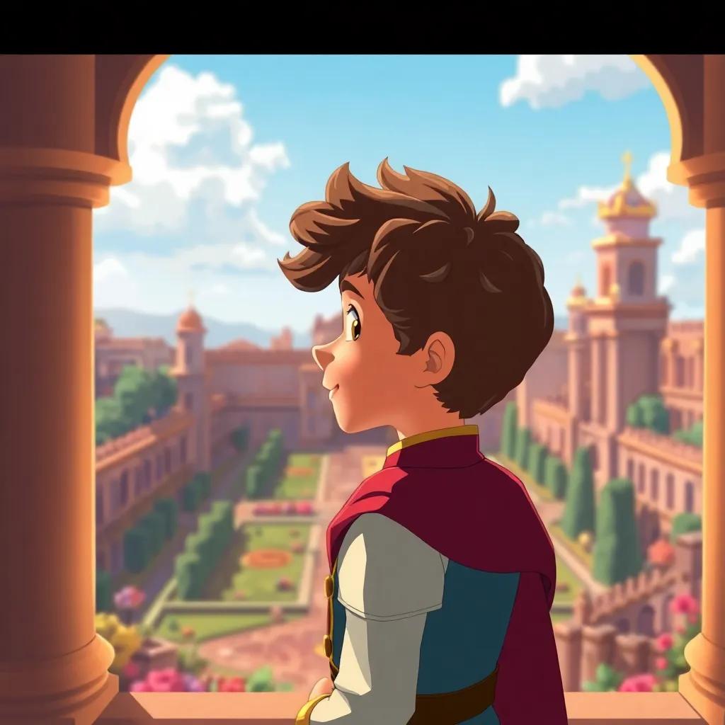 A young prince, with curly brown hair and a royal outfit, looking out over a grand palace garden, feeling lonely but hopeful, digital art, bright colors, peaceful vibe, high quality