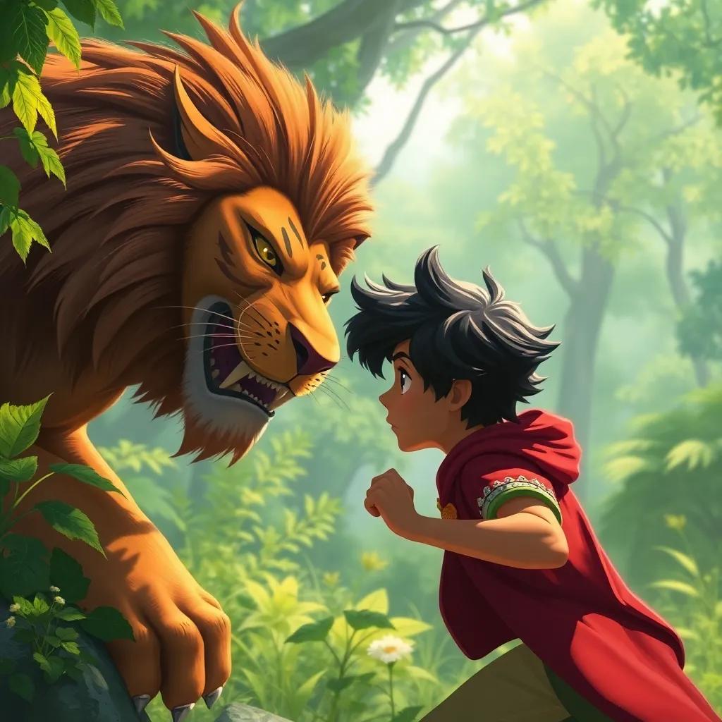 The young prince bravely facing a wild lion in a lush green forest, determined expression and strong stance, battling for love, digital painting, intense colors, courageous mood, high quality