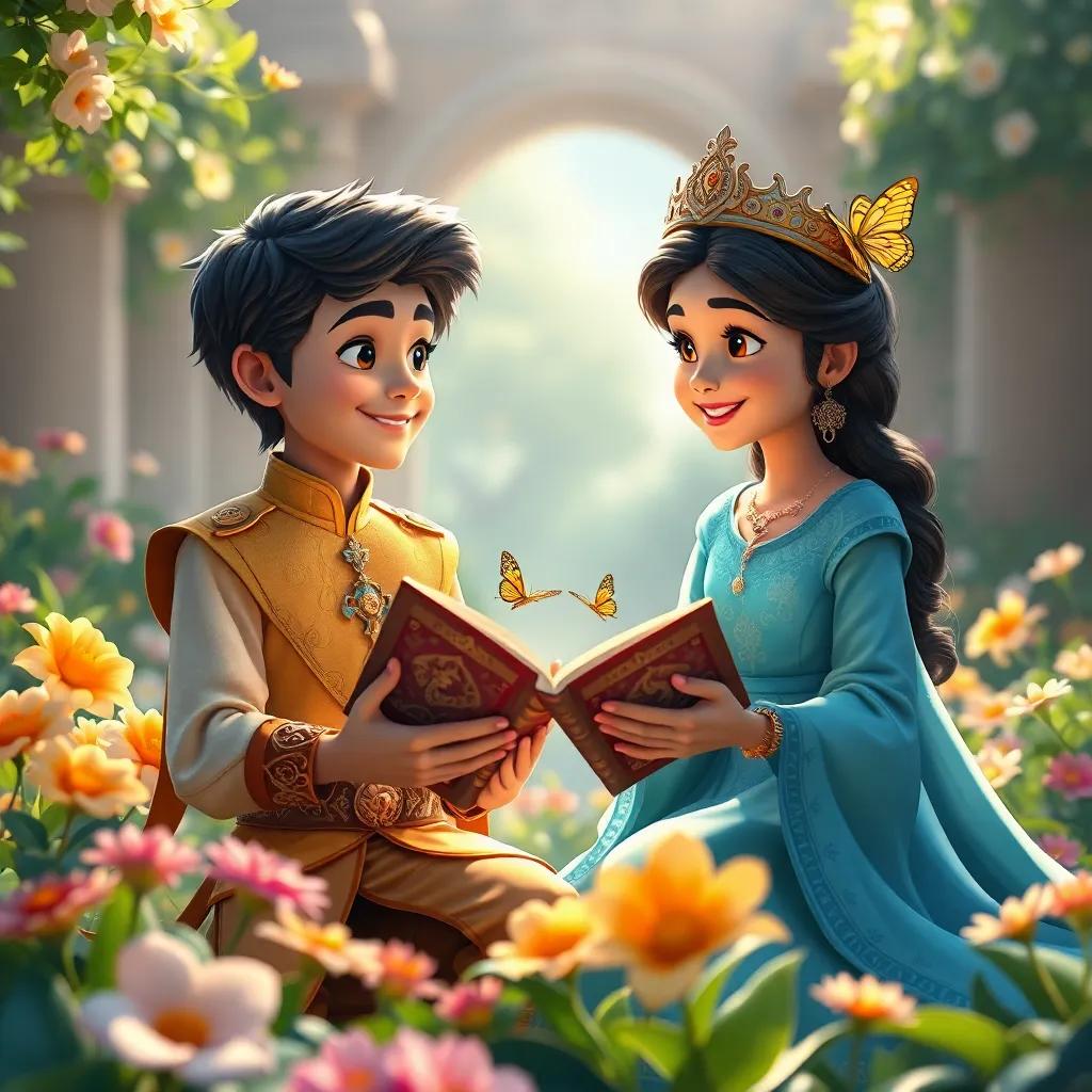A young prince sharing his adventurous stories with Layla in the palace garden, with beautiful flowers and butterflies around them, joyful ambiance, soft focus, high quality