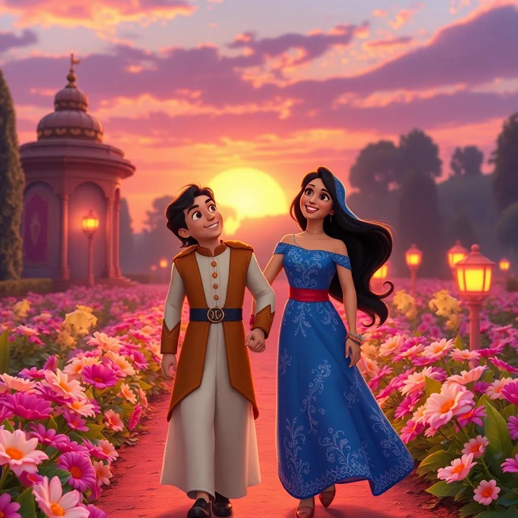 The prince and Layla happily walking together in the palace gardens during sunset, with smiles on their faces, surrounded by flowers, heartwarming scene, vibrant colors, enchanting atmosphere, high quality