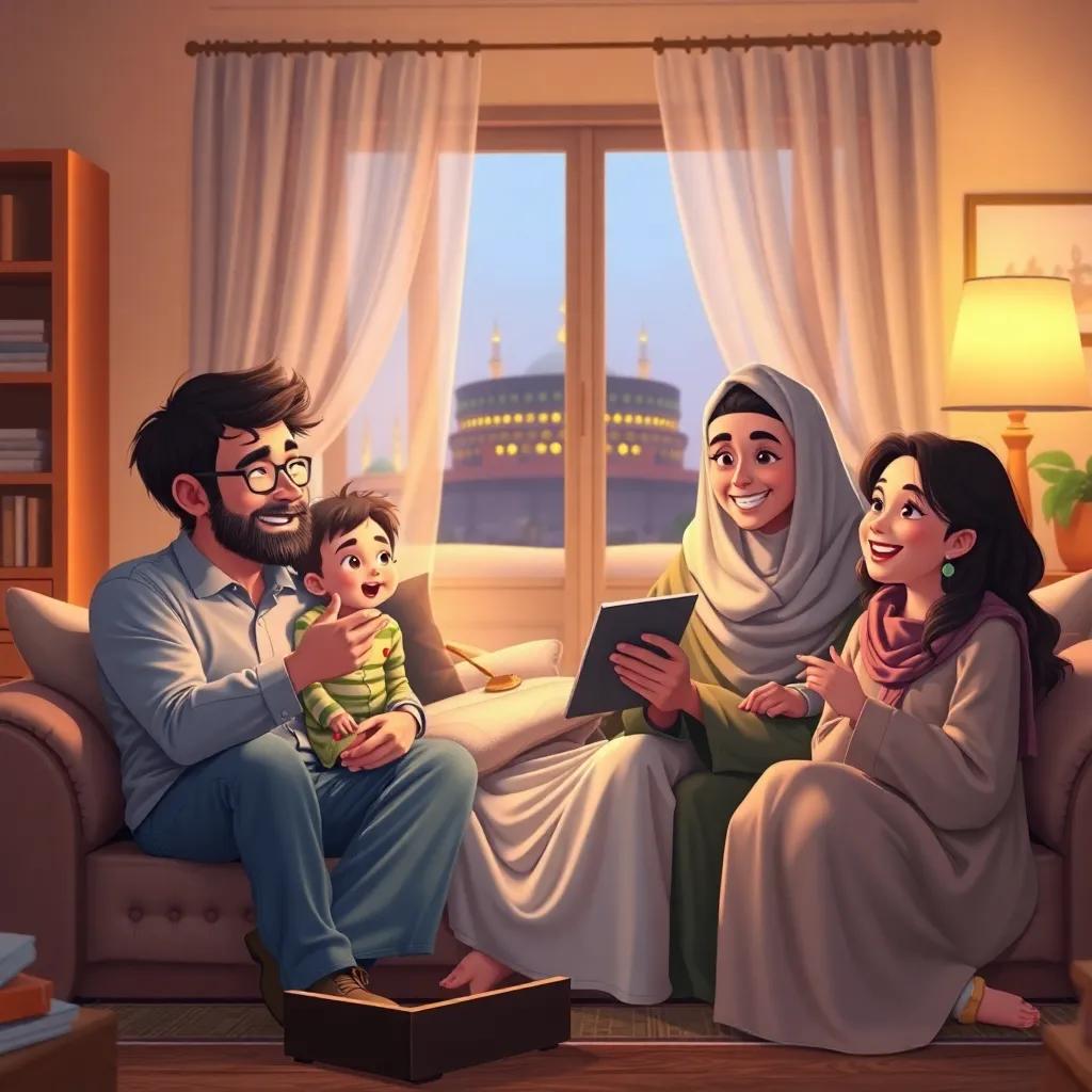 A father sitting in a cozy living room with his children and wife, smiling and sharing exciting news about going to Mecca for Hajj, warm lighting, family atmosphere, digital painting, cheerful, inviting scene, high quality