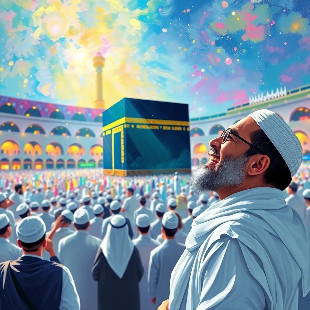 A vibrant scene in Mecca with numerous people wearing white ihram, colorful lights shining, Sami looking up at the Great Kaaba, feeling excited and joyful, lively atmosphere, detailed illustration, high quality