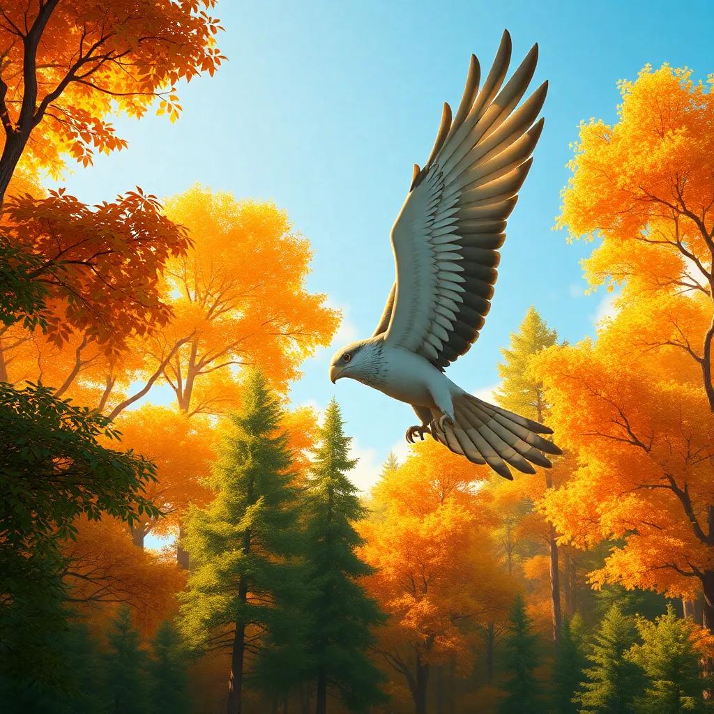A sunny forest scene with the letter ص riding a strong falcon, soaring high above trees, digital art, warm colors, cheerful atmosphere, high quality