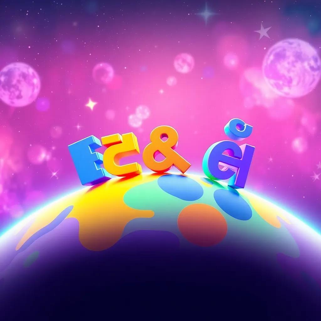 A colorful and vibrant space scene with letters like 'أ', 'ب', 'ت' dancing together on a planet made of different colors, stars twinkling in the background, digital art, lively, cheerful atmosphere, high quality