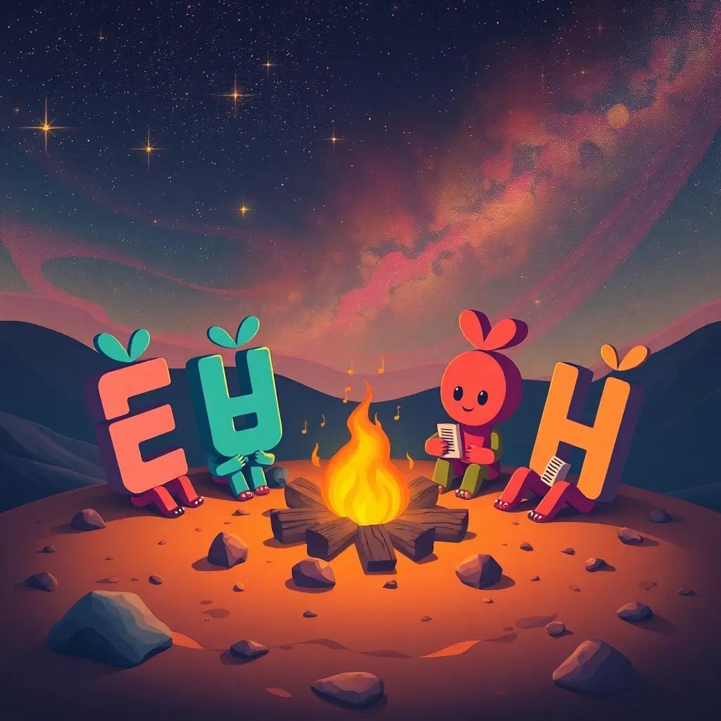The letters, including 'أ', 'ب', 'ت', sitting around a campfire on a planet, sharing stories and songs, surrounded by twinkling stars and a colorful sky, illustration, warm colors, cozy feeling, top quality