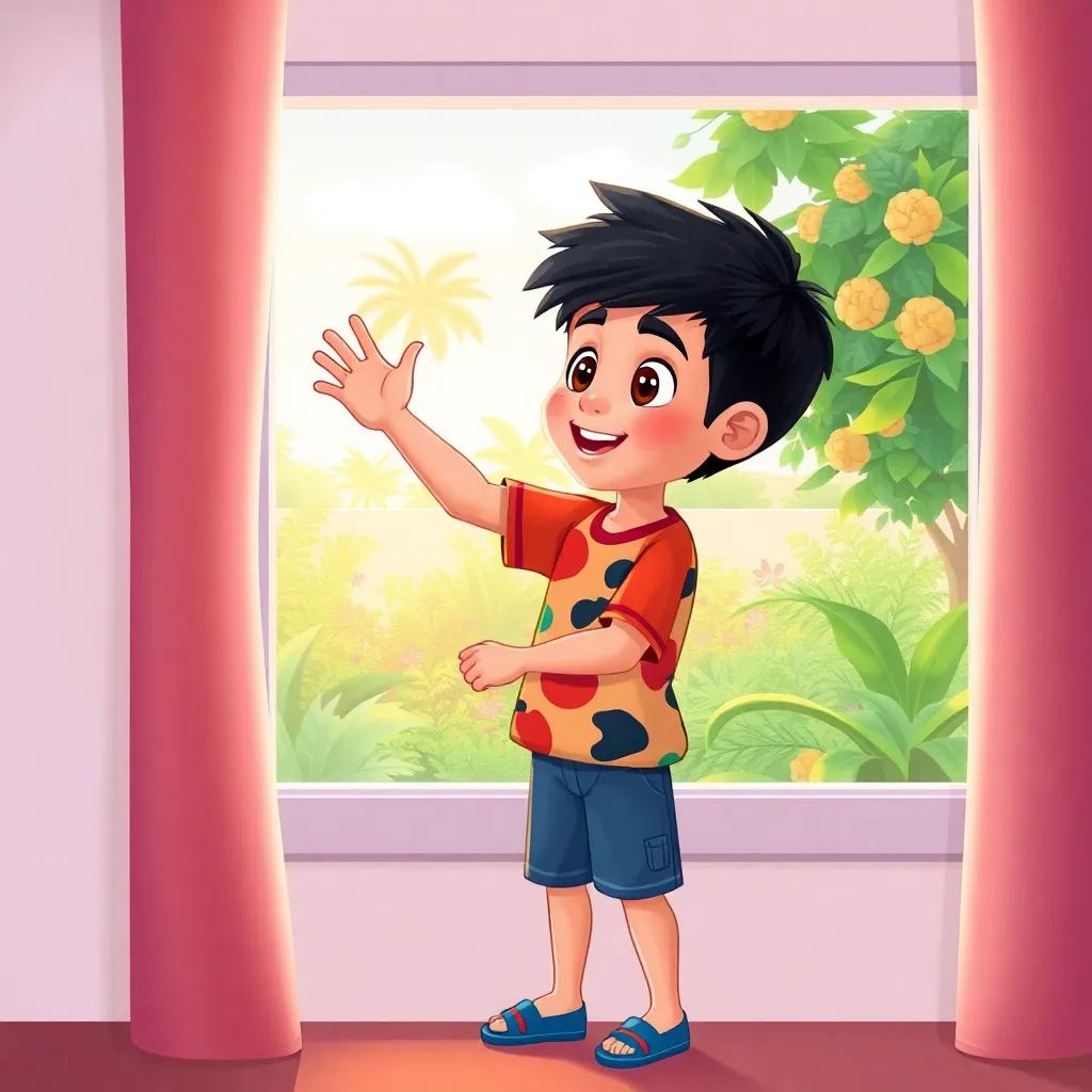 A young Arab boy, Sami, with short black hair, wearing a colorful t-shirt and shorts, standing by his window looking excitedly at the beautiful garden outside, illustration, bright, cheerful atmosphere, inviting colors, high quality