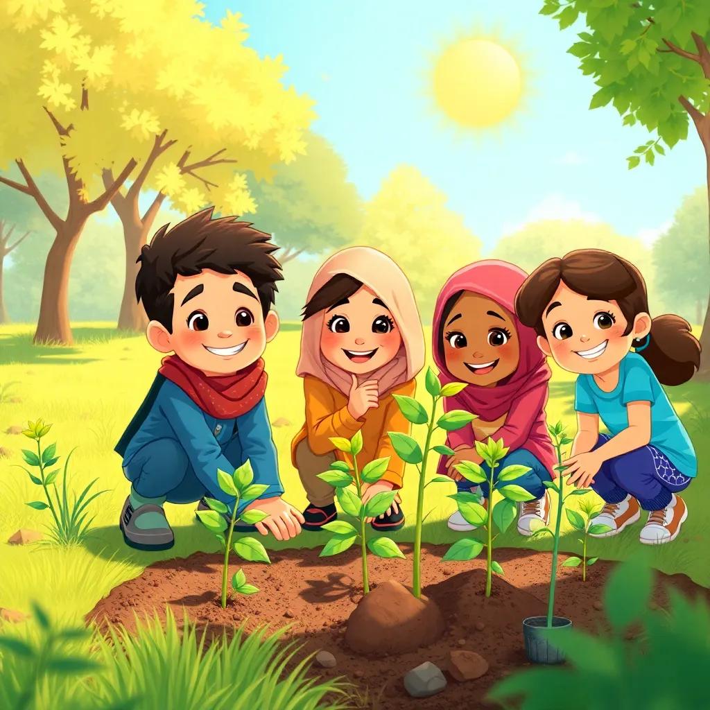 A group of diverse children, including Sami and his friends Leila and Adel, planting small trees in a sunny park, smiling and working together, illustration, cheerful, warm colors, engaging scene, high quality