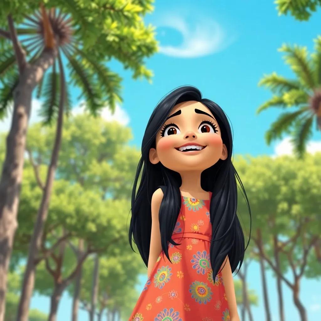 A young Arab girl, Leila, with long black hair, wearing a bright summer dress, standing under tall trees with a blue sky above, experiencing happiness, vibrant colors, cheerful atmosphere, detailed