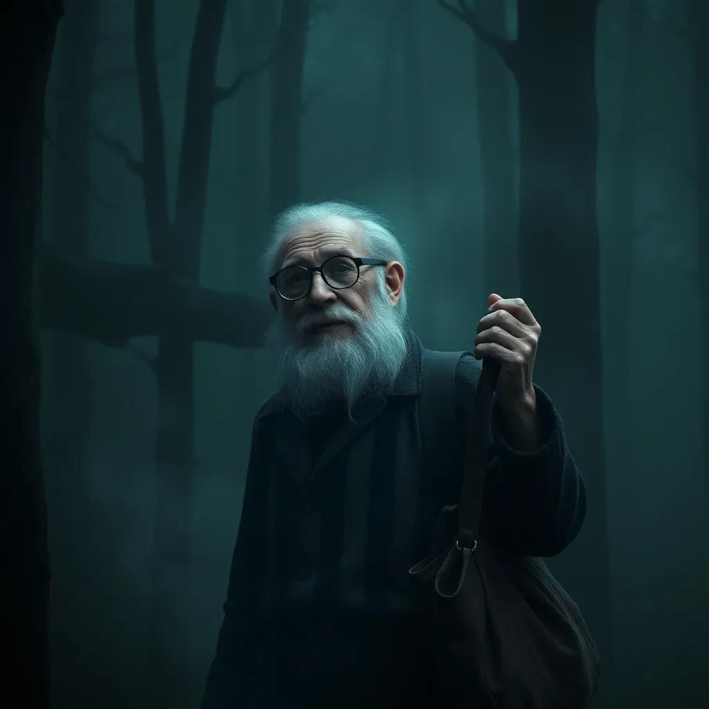 An old man with a gray beard and glasses, holding a bag in his right hand, surrounded by a thick fog in a dark forest, digital art, mystical, enchanting atmosphere, epic scene, high quality