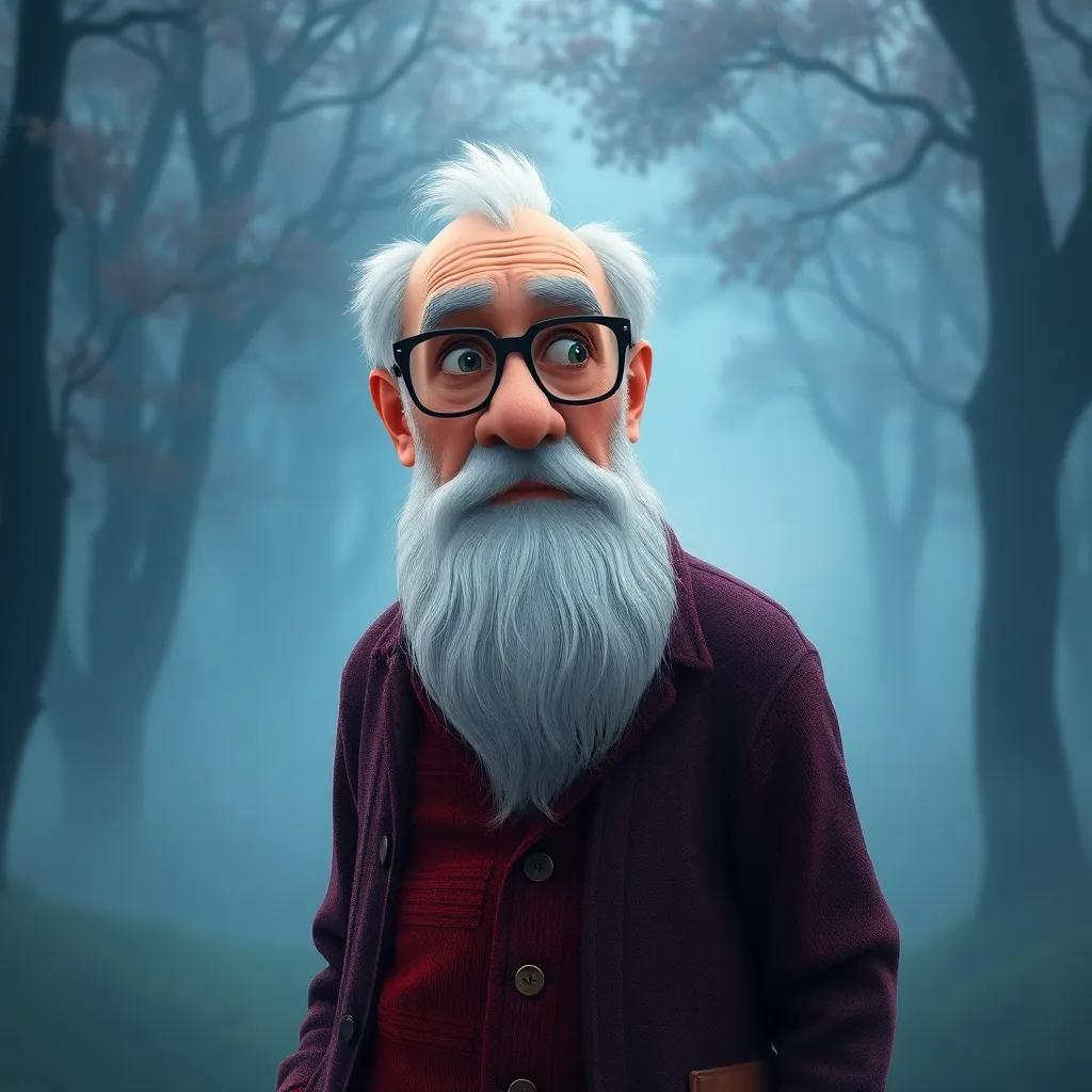 The old man in glasses with a white beard, looking curious as he walks in the fog, trees peeking through the mist, vibrant colors, fairy tale style