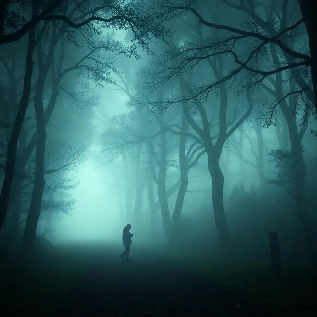 The foggy forest path with an old man walking, trees hidden in the dark mist, soft light filtering through, magical and mysterious vibe