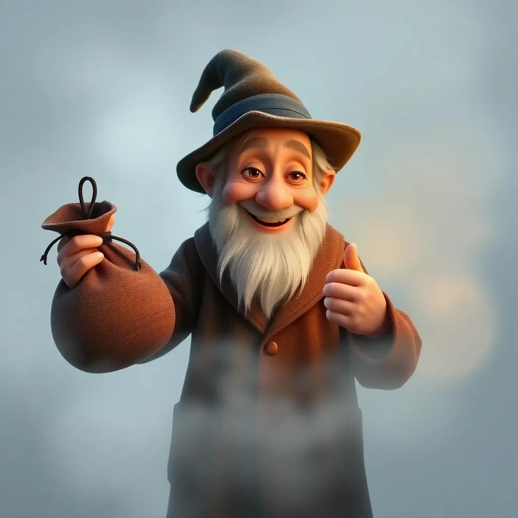 The old man smiling as he talks to his bag, thick fog swirling around, a magical atmosphere, whimsical style, child-friendly