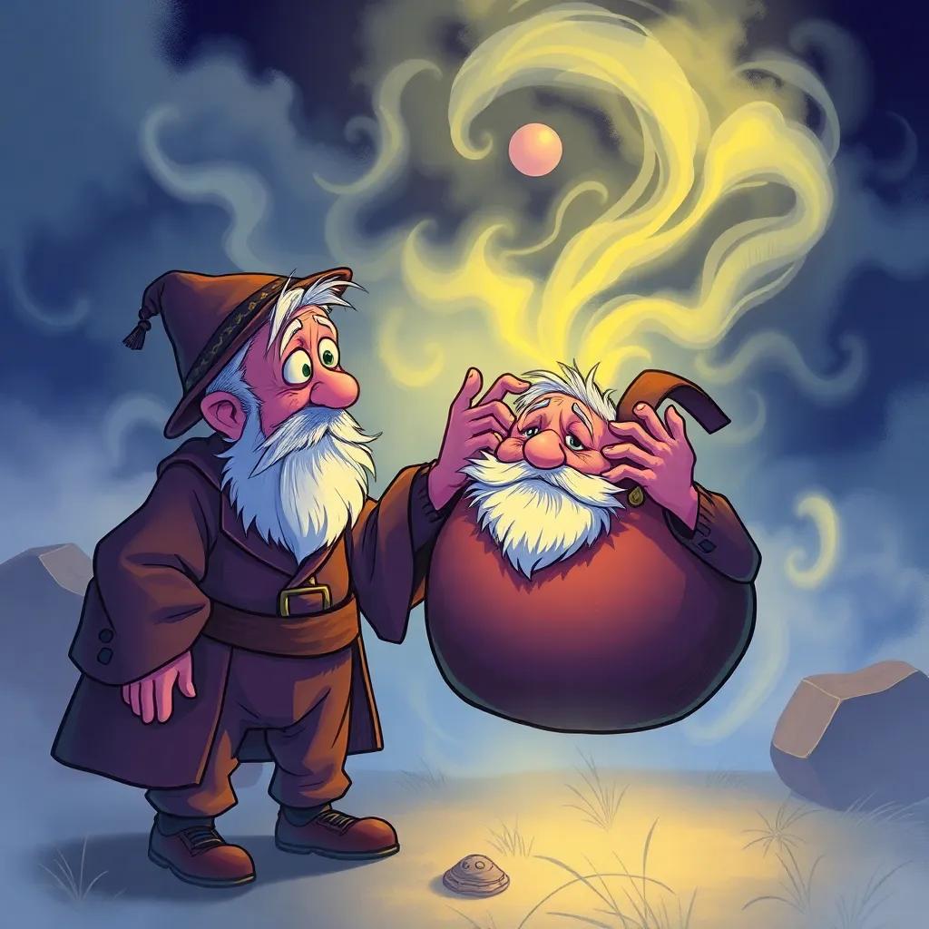The old man astonished as his bag speaks, the fog swirling dramatically around them, colorful and engaging, digital illustration