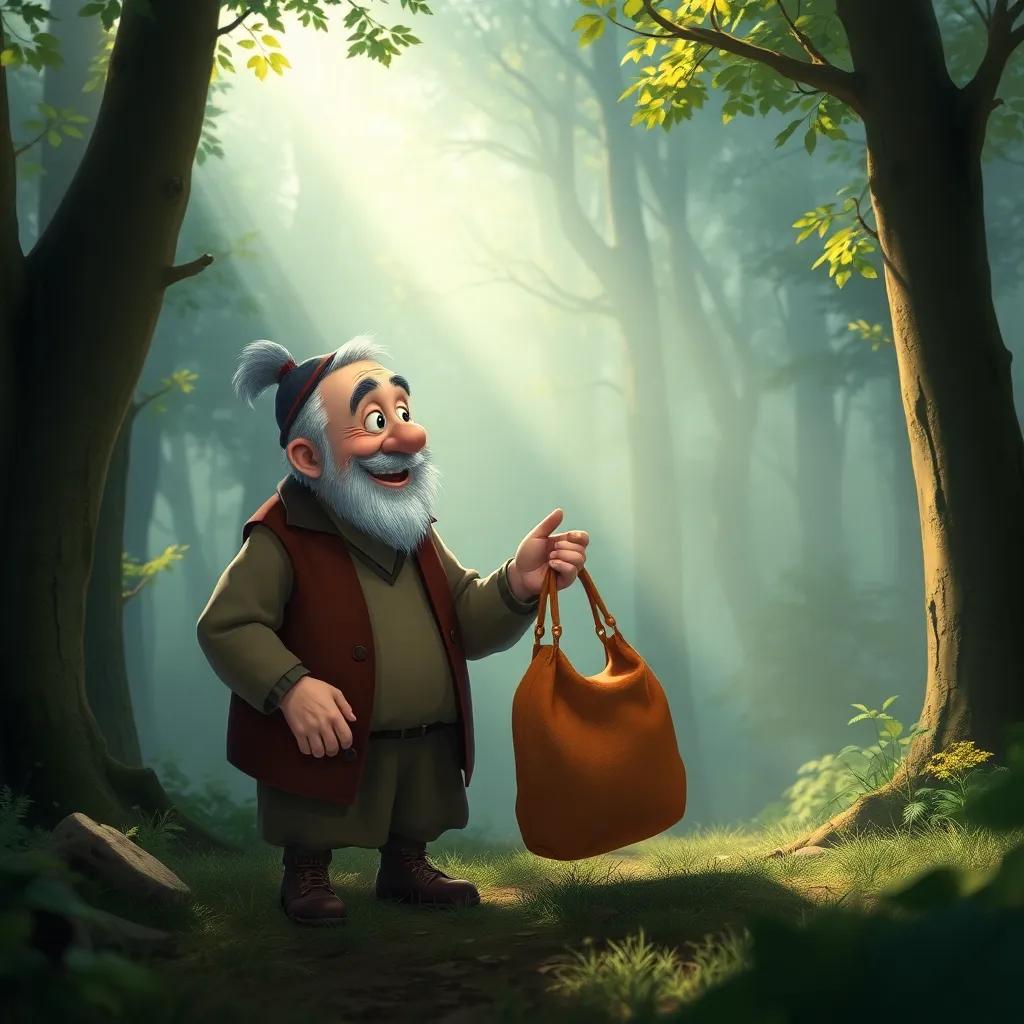 The old man's heartwarming moment in the forest as he happily converses with his bag, light breaking through the fog, cheerful setting