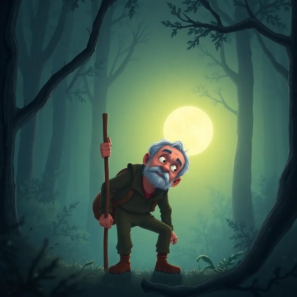 The old man searching for the moonlight in the foggy forest, his expression determined, illustrating adventure and curiosity, inviting illustration style