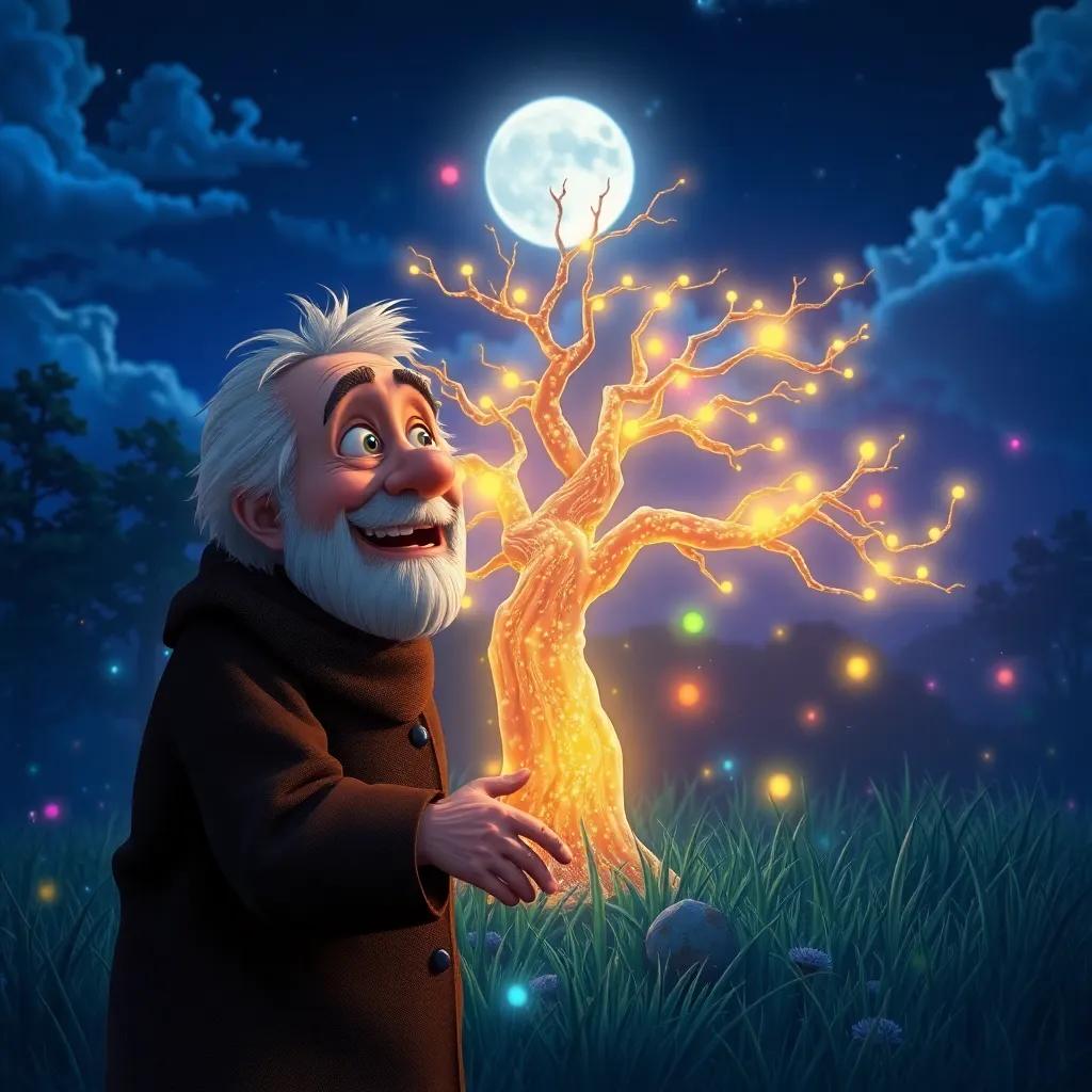The old man discovering a glowing tree under the moonlight, excitement on his face, magical colors surrounding him, enchanting scene