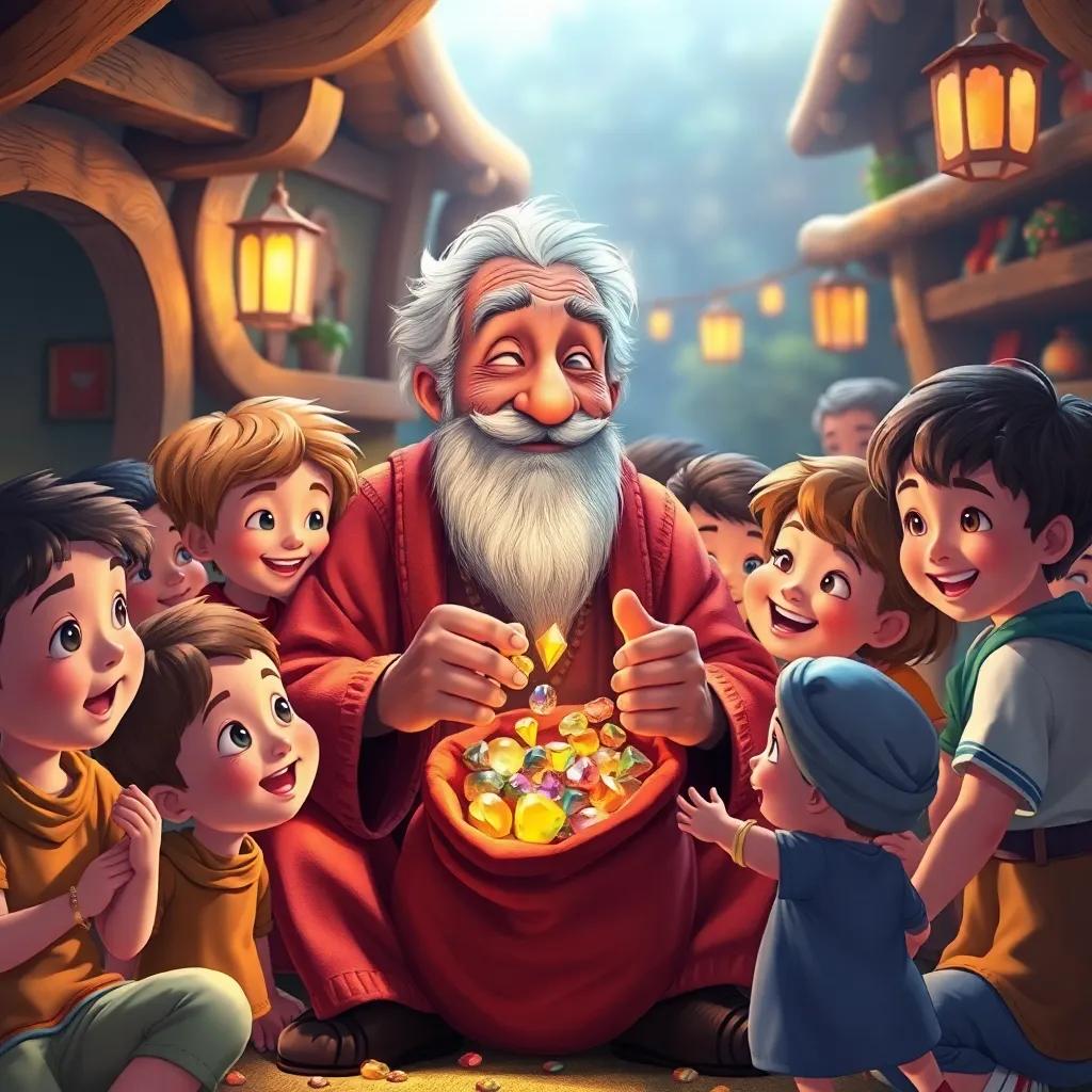 The old man surrounded by happy children as he shares jewels from his bag, in a warm, inviting atmosphere filled with joy, vibrant colors, storytelling scene