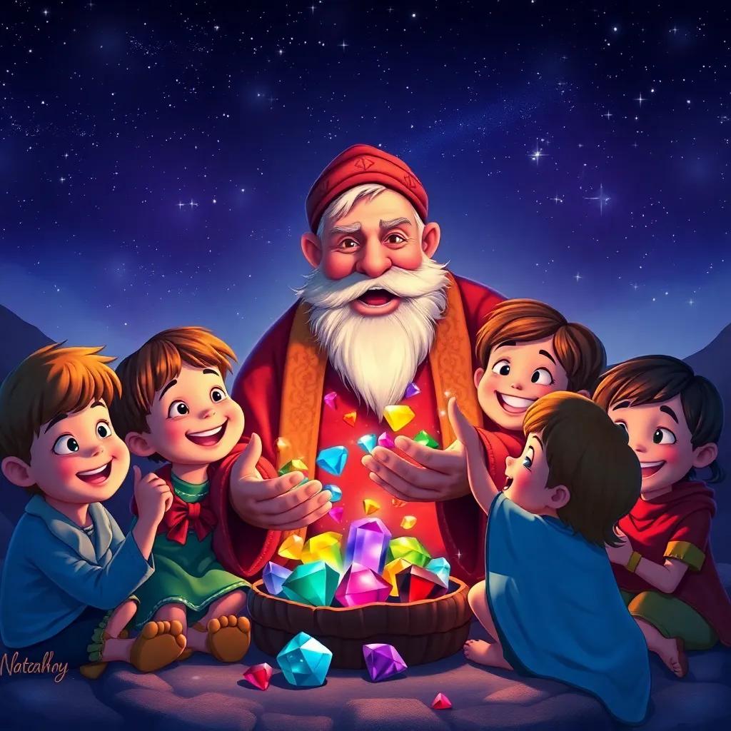 The celebration scene where the old man shares gems with joyful children under the starry night sky, rich colors, magical, fairy tale finish
