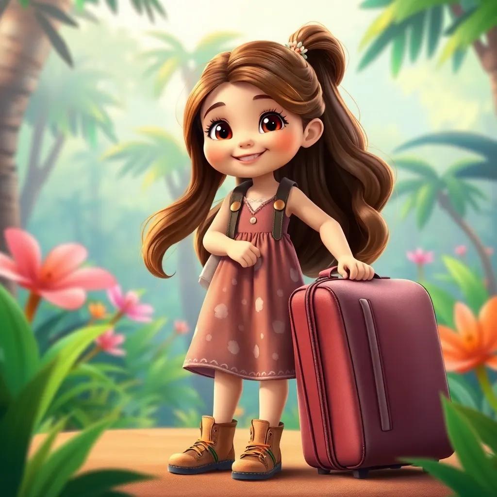 A girl named Leila with long hair, wearing a comfy dress and sturdy shoes, packing a bag for a safari trip with her brother, colorful jungle background, joyful atmosphere, digital art, vibrant colors, cheerful, high quality