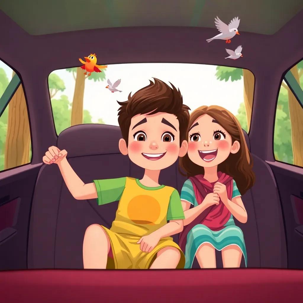 A boy named Sami with short hair, wearing a bright t-shirt and shorts, sitting in a car with his sister Leila, surrounded by tall trees and singing birds, excitement on their faces, illustration, playful design, child-friendly