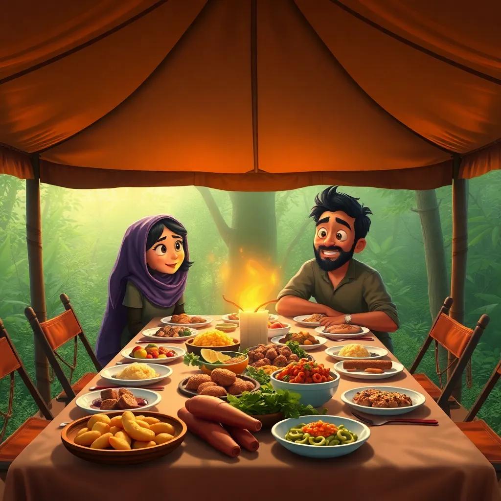 A large safari tent with a table full of delicious meals, set in a green jungle, Leila and Sami looking amazed, warm lighting, inviting atmosphere, digital painting, vivid colors, heartwarming