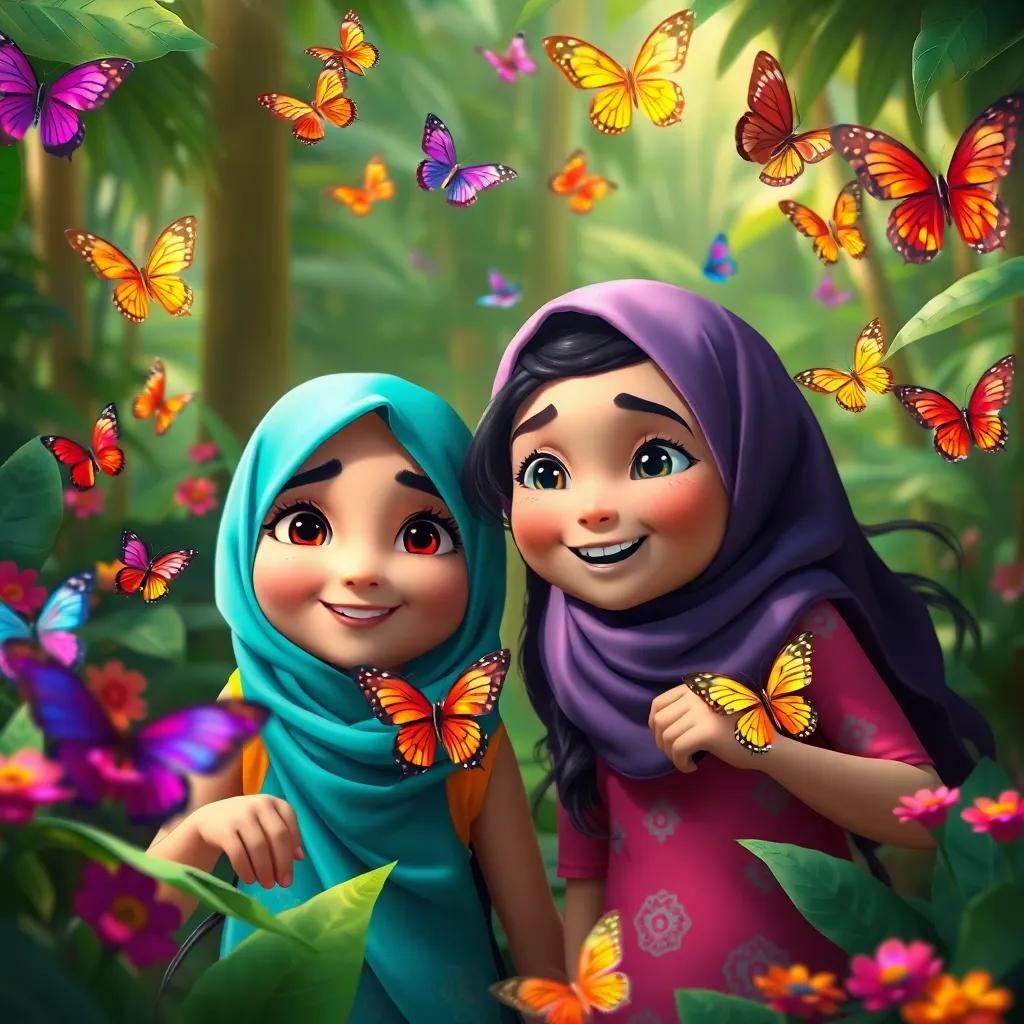 Leila and Sami exploring a jungle, colorful butterflies fluttering around them, their expressions filled with happiness, detailed and vibrant scene, playful art, high definition