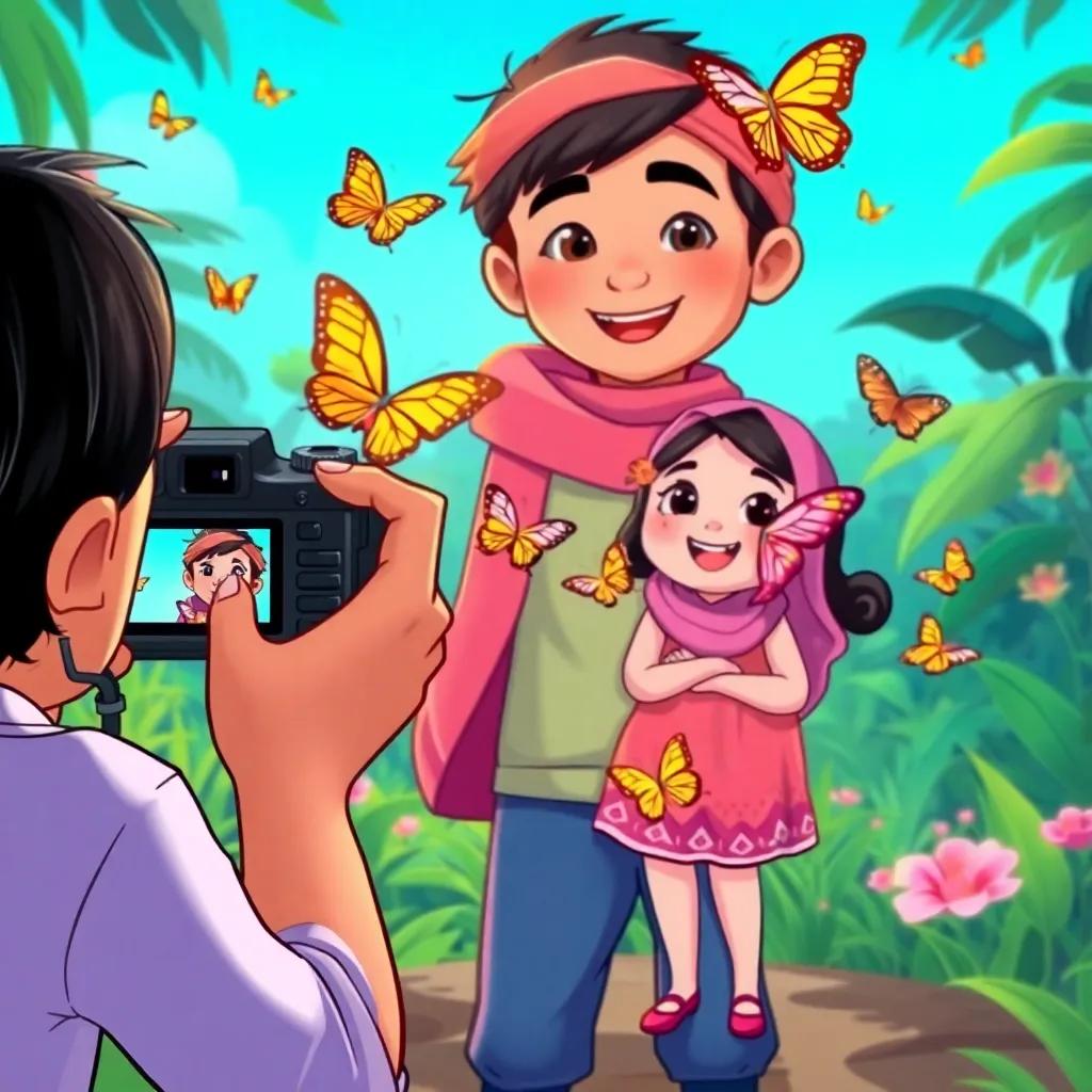 Sami taking a picture with his camera of Leila standing joyfully with butterflies, the jungle in the background, illustration, colorful, fun perspective, child-friendly