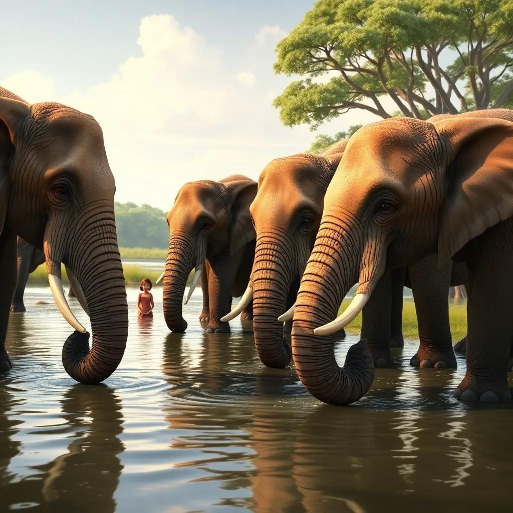 A close-up of a group of elephants drinking water from a river, with Leila and Sami in the distance looking amazed, detailed nature shot, realistic, peaceful atmosphere, high quality