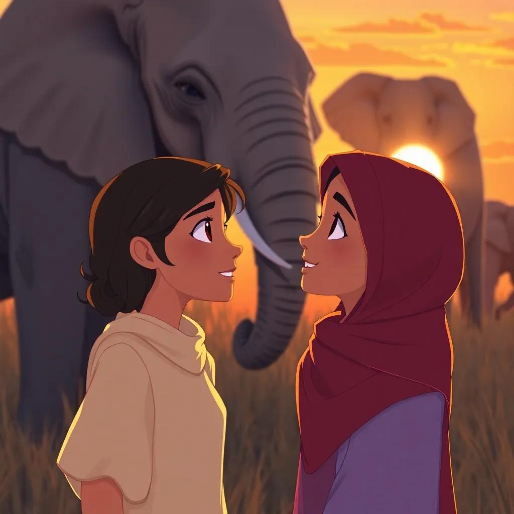 Leila and Sami whispering to each other, watching elephants, with excitement in their eyes and the sun setting behind them, illustration, warm colors, joyful scene, bright