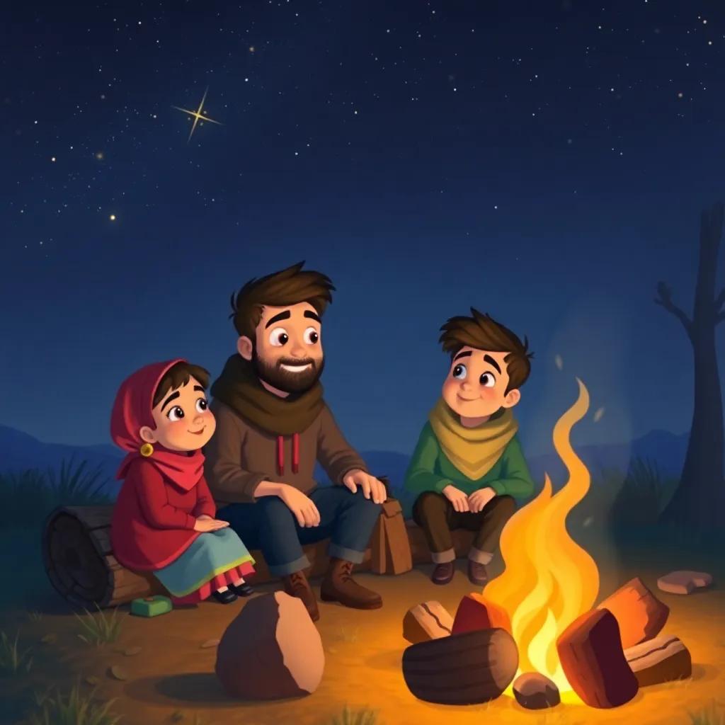 Leila and Sami sitting around a campfire, with their father asking about their favorite moments, stars shining above, cozy atmosphere, digital painting, relaxed vibe, heartwarming
