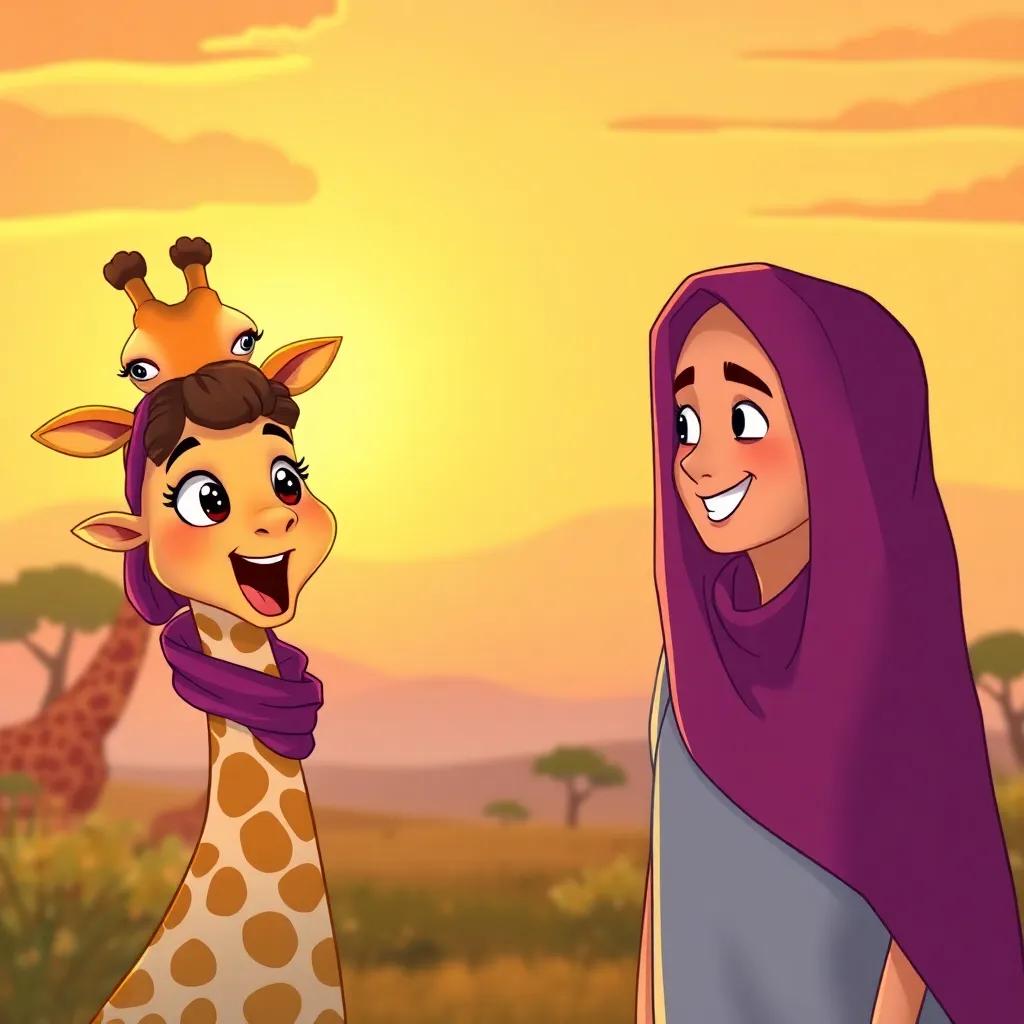 Leila excitedly talking about seeing the giraffe, with Sami nodding and smiling beside her, sunset background, colorful and inviting, illustration, imaginative design, child-friendly