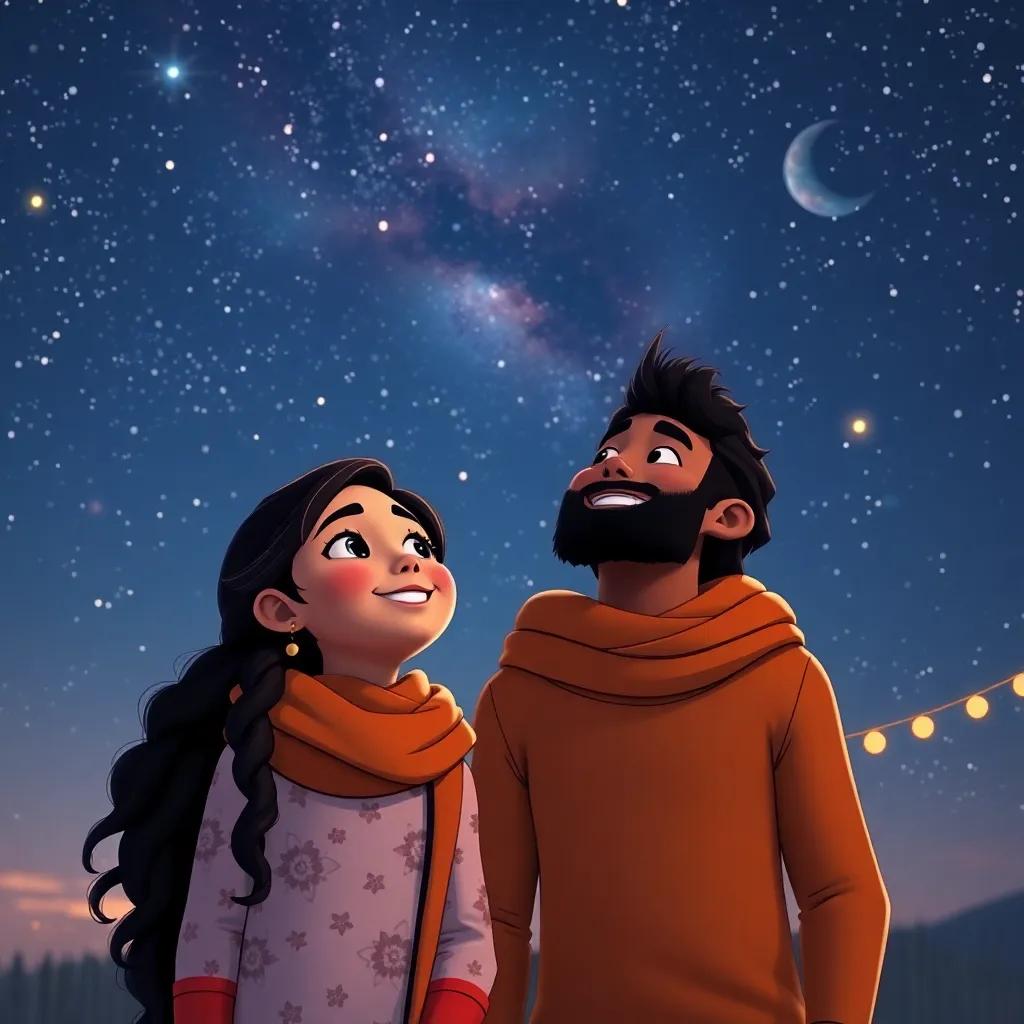 Leila and Sami looking up at a starry sky, wrapping up a beautiful day, both smiling and dreaming of more adventures, beautiful night scene, warm and colorful, high quality