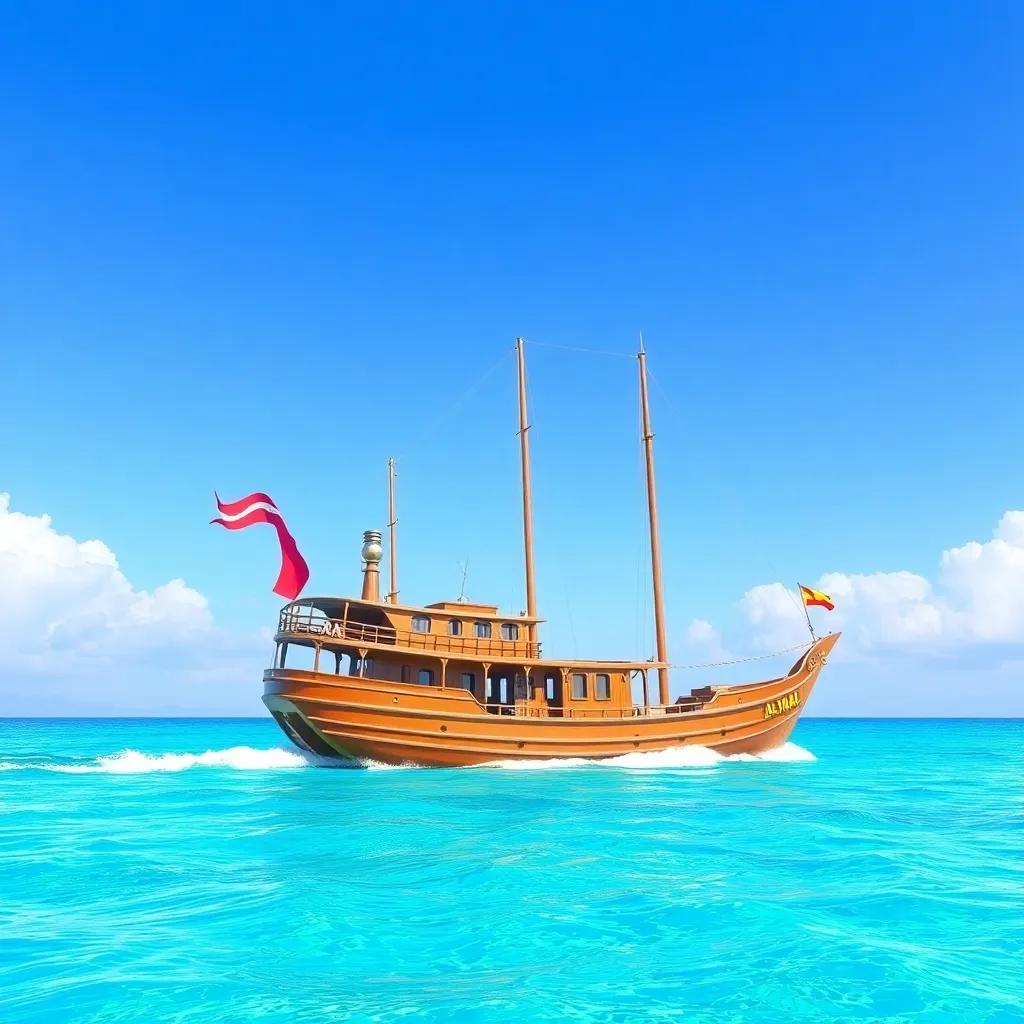 A large ship named Al-Amal sailing on bright blue waters under a clear sky, digital art, colorful, vibrant atmosphere, cheerful