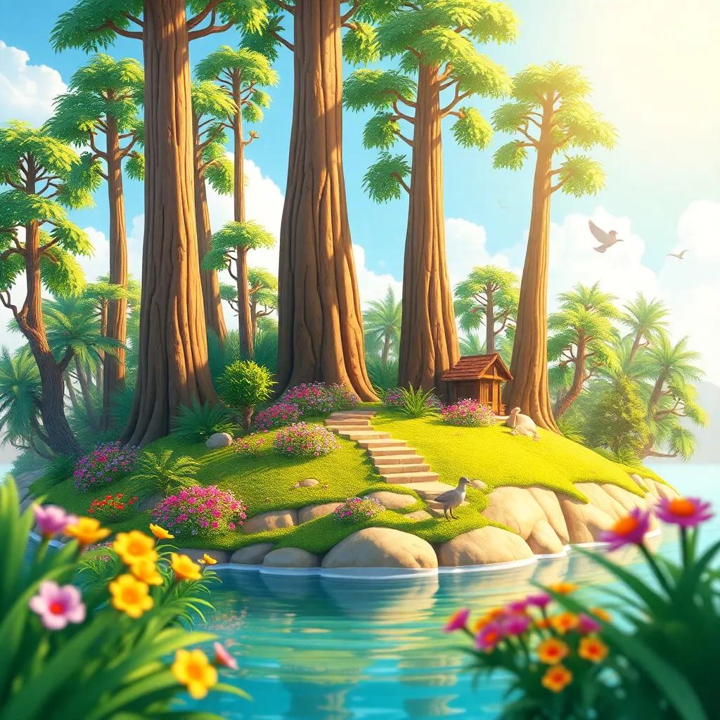 A beautiful island with tall trees and colorful flowers, with birds singing around, bright sunlight, joyful mood, illustration