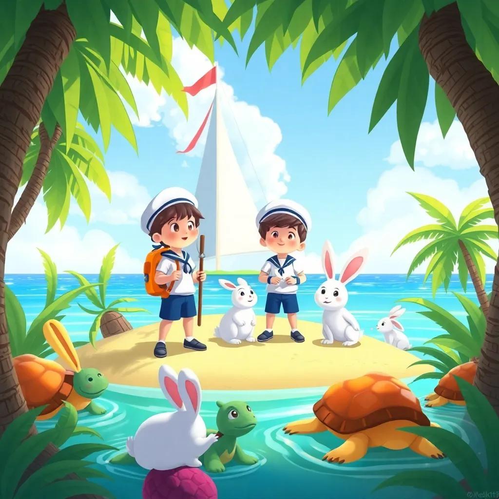 Sailors exploring the island, interacting with gentle rabbits and patient turtles, colorful artwork, playful, child-friendly