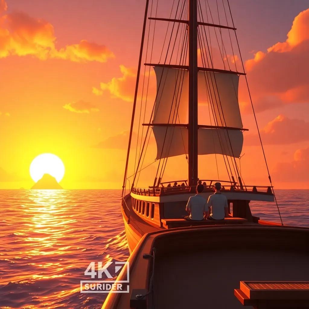 A warm sunset view as the ship sets sail again, with happy sailors looking back at the island, rich colors, heartwarming