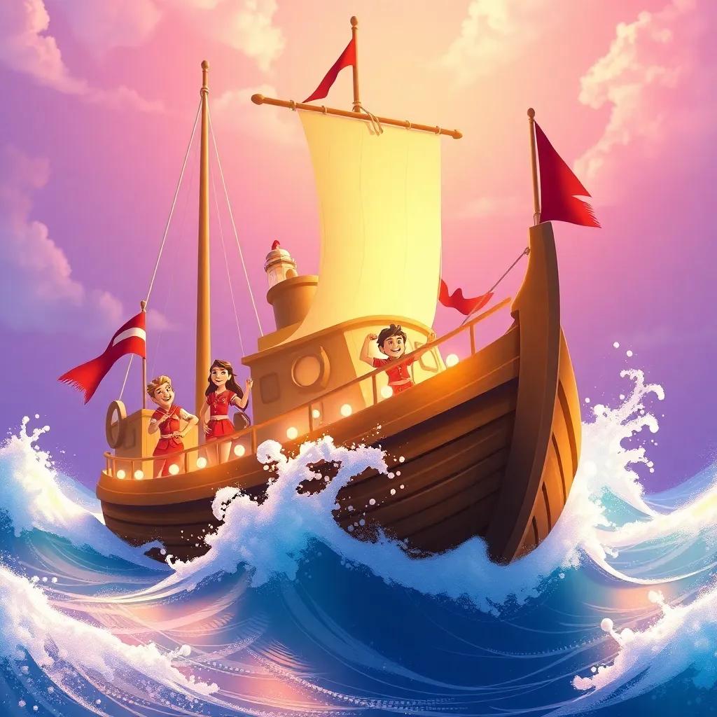 The ship Al-Amal returning home with cheerful crew members, waves splashing around, happy memories, vibrant scene, uplifting imagery
