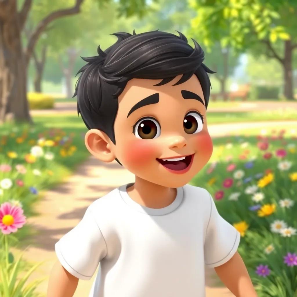A young Arab boy, Sami, with short black hair and bright eyes, playing joyfully in a sunny park filled with green grass and colorful flowers, cheerful atmosphere, vibrant colors, digital art, friendly, engaging