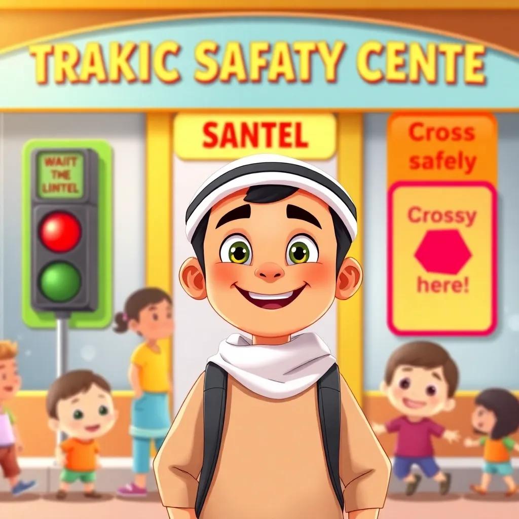 Sami, a young Arab boy with a big smile, standing in front of a colorful traffic safety center with bright posters that say 'Wait at the red light', 'Cross safely here!', children around him, illustration, warm colors, educational