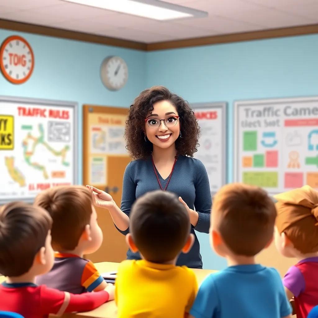 A smiling teacher, a middle-aged woman with curly hair, explaining traffic rules to a group of children in a classroom filled with colorful charts, interactive setting, bright light, friendly learning environment, engaging image