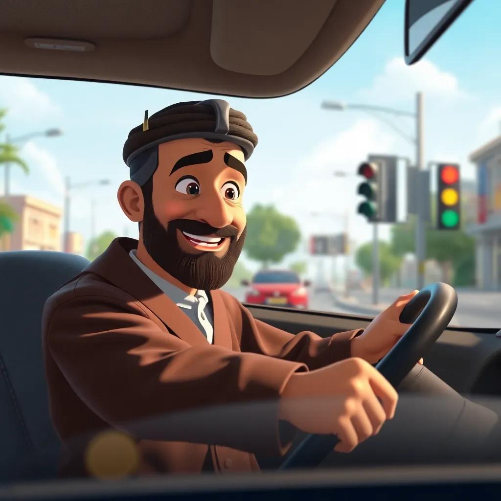 A story about a careful driver named Adel, a middle-aged Arab man with a beard, driving a car safely while following traffic signals, vibrant street scene, cheerful expression, dynamic perspective, heartwarming