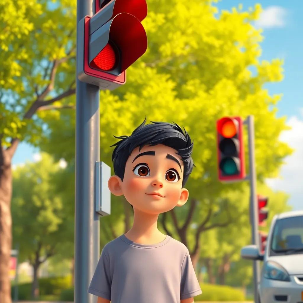 Sami, a young Arab boy with short black hair, waiting patiently at a red traffic light, checking for cars, surrounded by green trees and blue sky, moment of focus, bright and cheerful colors, uplifting