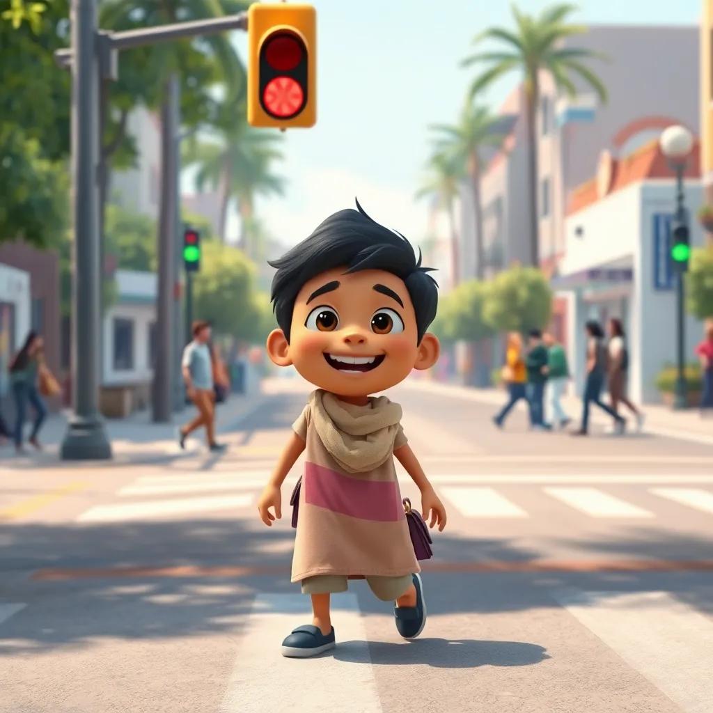 A happy Sami, crossing the street safely when the light turns green, with a big smile on his face, friends waiting on the other side, joyful atmosphere, colorful surroundings, engaging